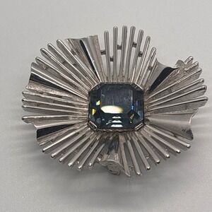 Vintage Trifari Silver Tone Sunburst Brooch Emerald Cut Grey Rhinestone MCM Pin
